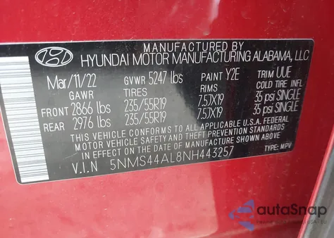 2022 Hyundai Santa Fe Limited из США, поврежденный, VIN 5NMS44AL8NH443257